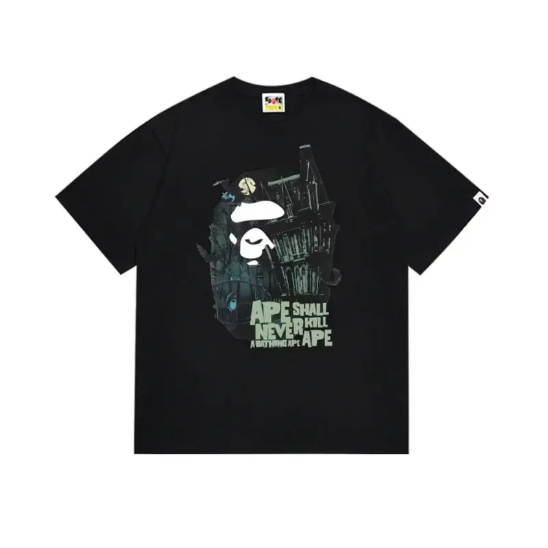 A BATHING APE Black T - Shirt with Ape Head & "APE SHALL NEVER KILL APE" Graphic