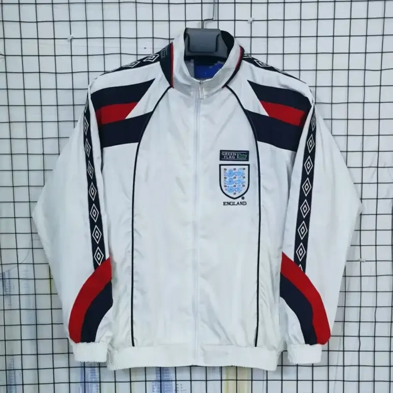 Corteiz White England Football Track Jacket with Red Black Stripes & Green Flag Logo