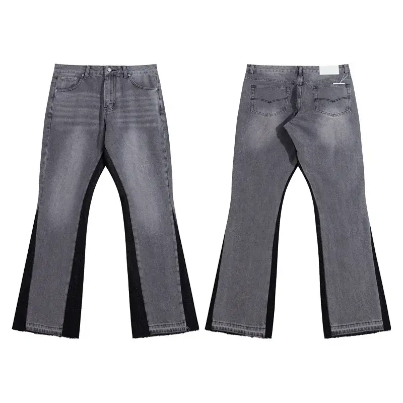 FashionDenim Gray Flared Jeans with Black Side Panels & Raw Hem