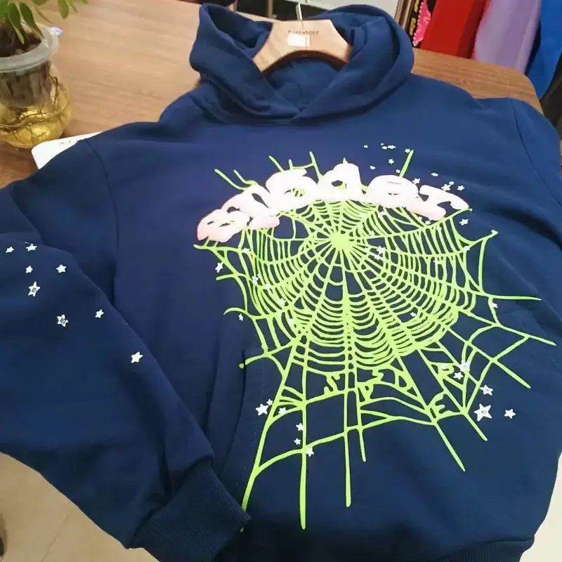 FANGFANGTE Navy Blue Hoodie with Neon Green Spider Web, Pink "SPIDER" & White Stars