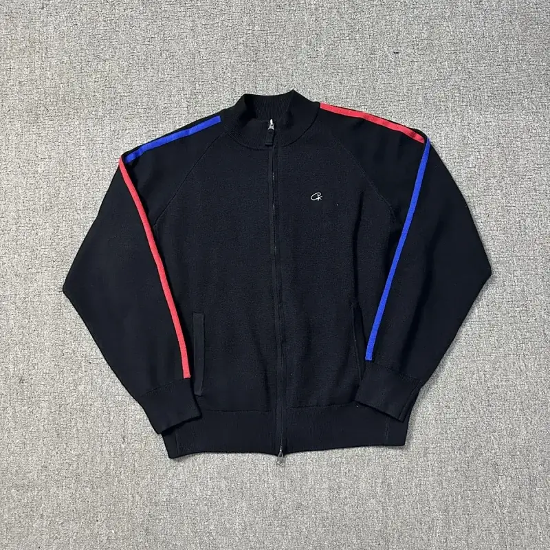 Champion Black Zip - Up Track Jacket with Red & Blue Stripes, Stand Collar & Pockets