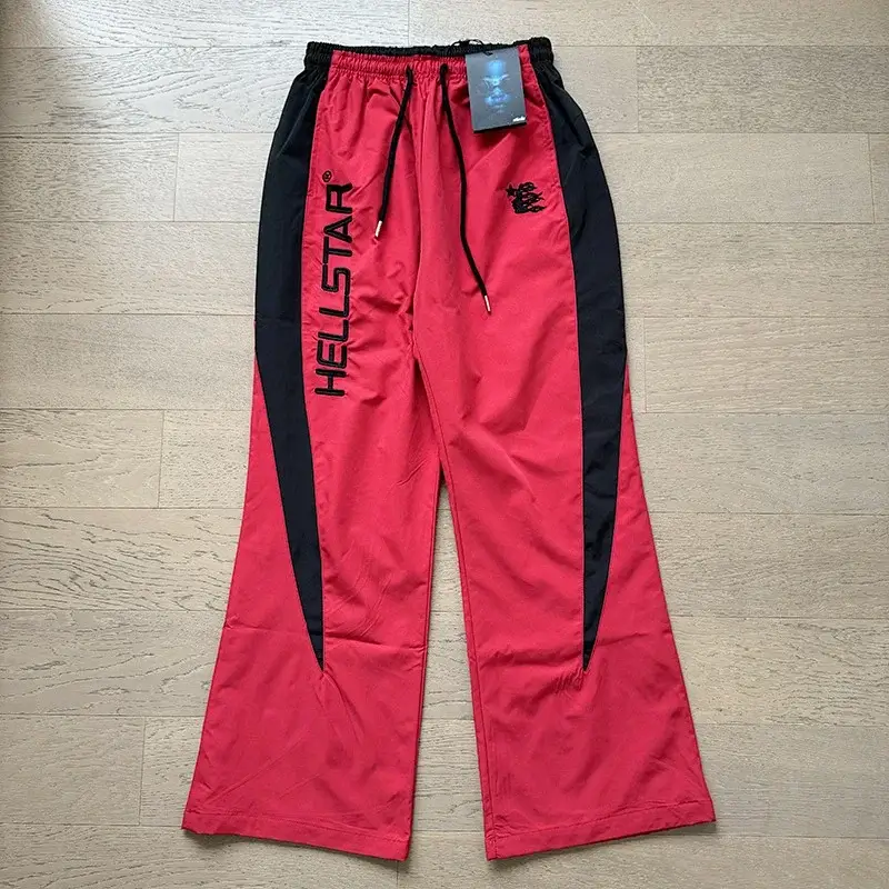 HELLSTAR Red Track Pants with Black Side Panels, Drawstring Waist & Embroidered Logo