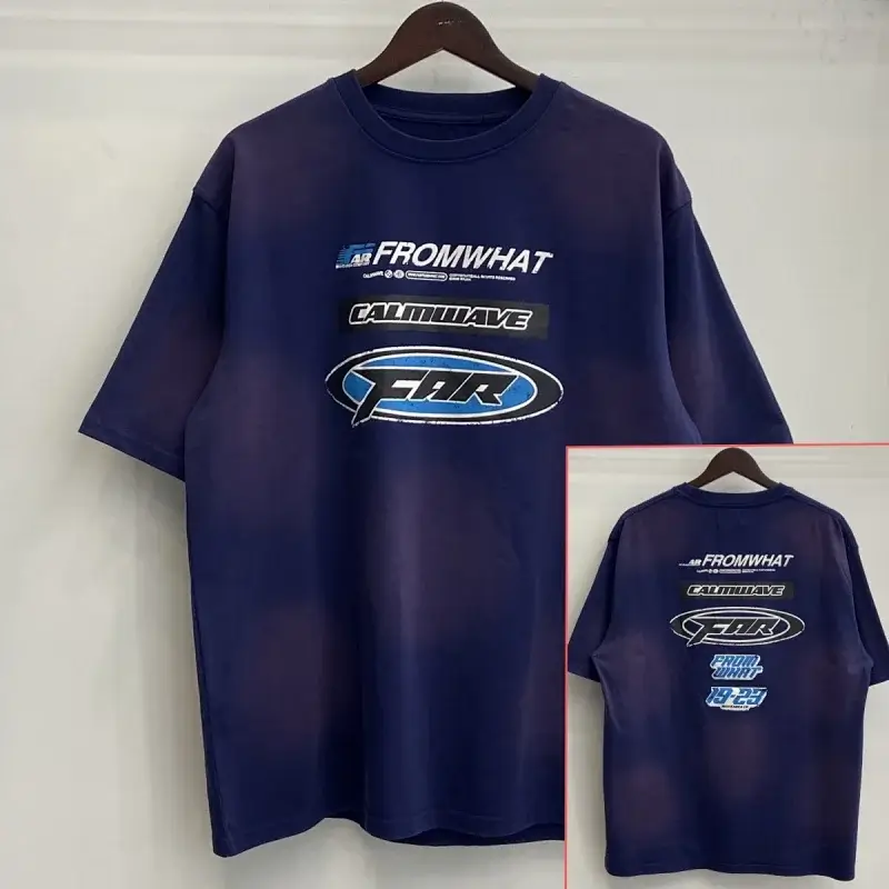 FROMWHAT Dark Blue Oversized Short - Sleeve T - Shirt with Front and Back Prints