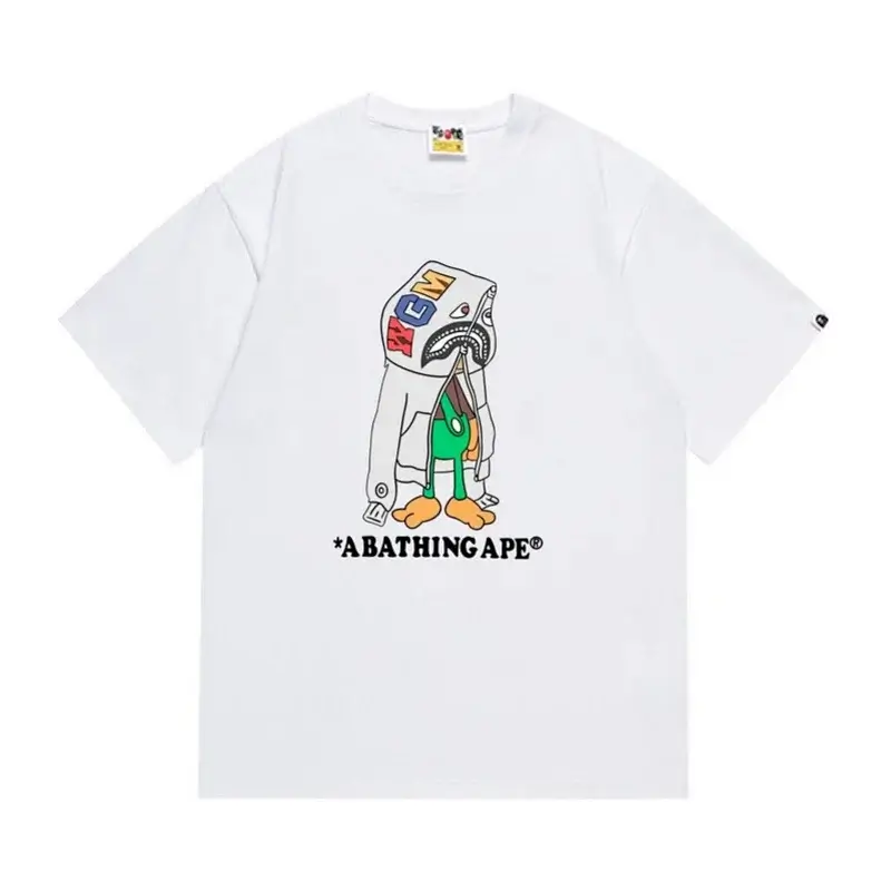 A BATHING APE White Cartoon Shark - Hooded T - Shirt