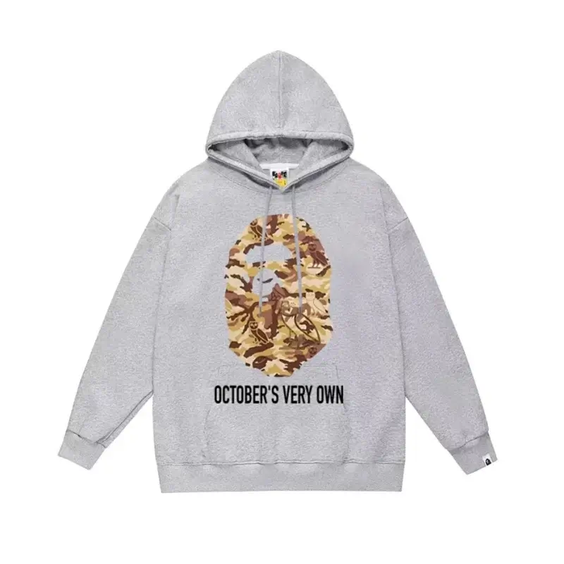 BAPE Gray Hoodie with Camouflage Ape Head & "OCTOBER'S VERY OWN" Text