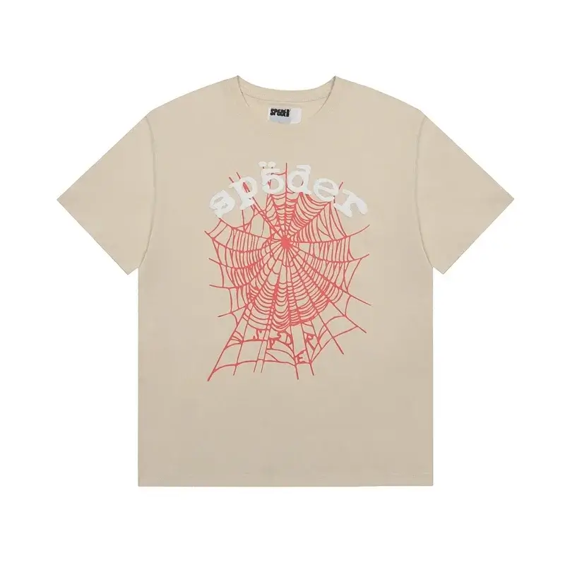 SP5DER Beige T - Shirt with Red Spider Web and "spöder" Graphic