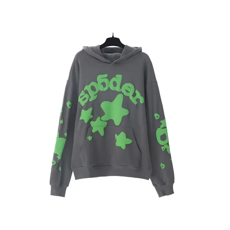 Sp5der Gray Hoodie with Green Star & Letter Graphic Prints, Kangaroo Pocket