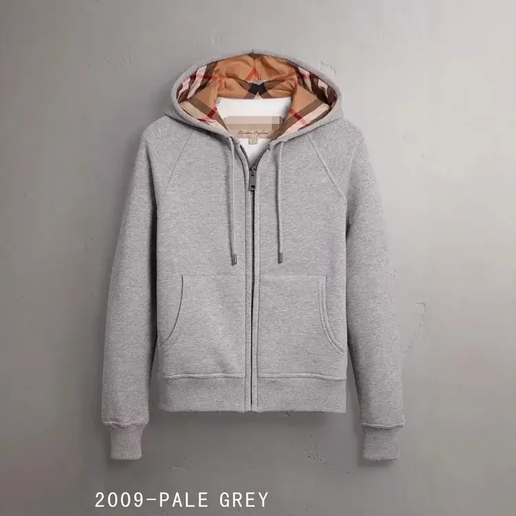 Burberry Pale Grey Hooded Zip - Up Sweatshirt with Check Lining