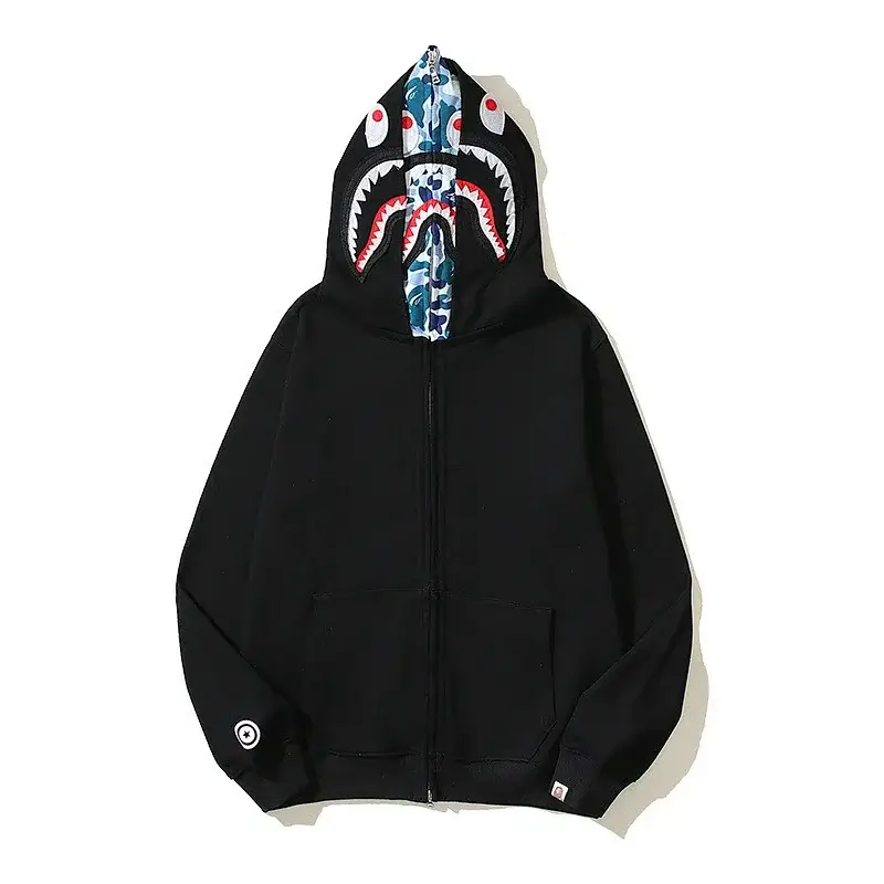 BAPE Black Shark Head Zip - Up Hoodie with Camouflage Lining, Classic Shark Teeth & Eye Design, Cuffed Logo