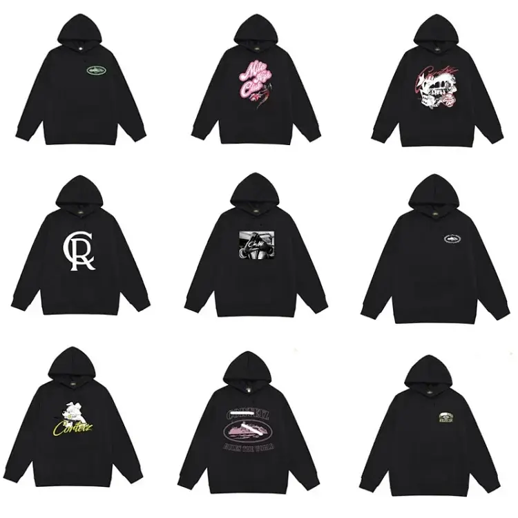 Corteiz Black Hooded Sweatshirts with Diverse Graphic Prints