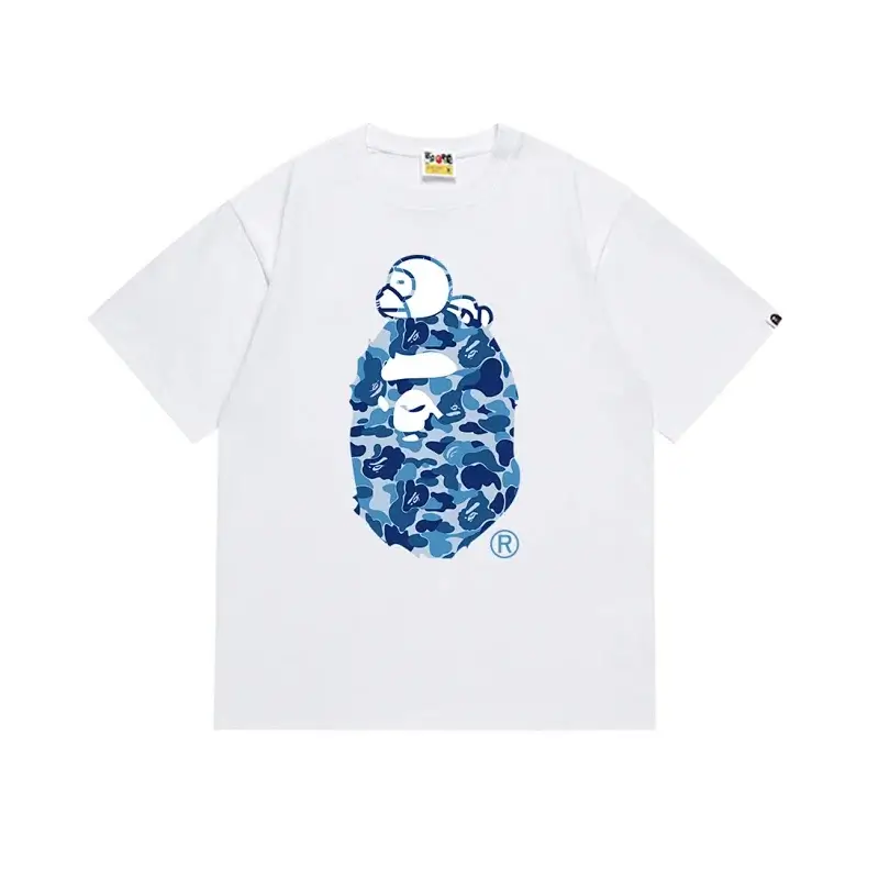 BAPE White T - Shirt with Blue Camouflage Ape Head & Baby Ape Graphic