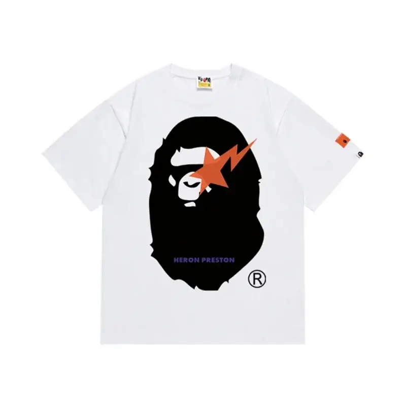 BAPE x HERON PRESTON White T - Shirt (Ape Head, Orange Star Lightning, Brand Details)