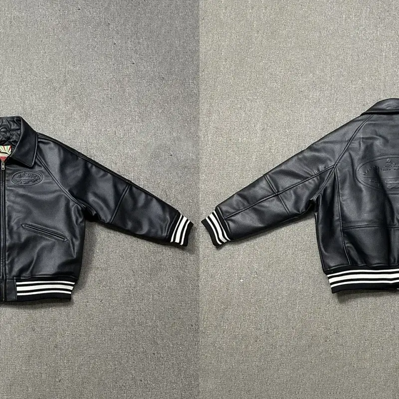 Corteiz Black Leather Jacket Striped Cuffs