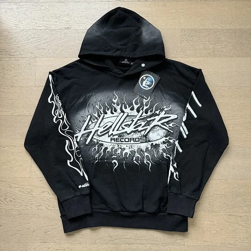 HELLSTAR Black Hoodie with Flame Graphic & "Hellstar RECORDS" Print