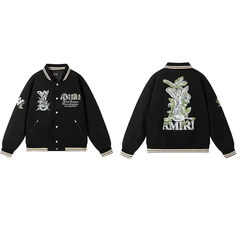 AMIRI Black Varsity Jacket with Embroidered Angel