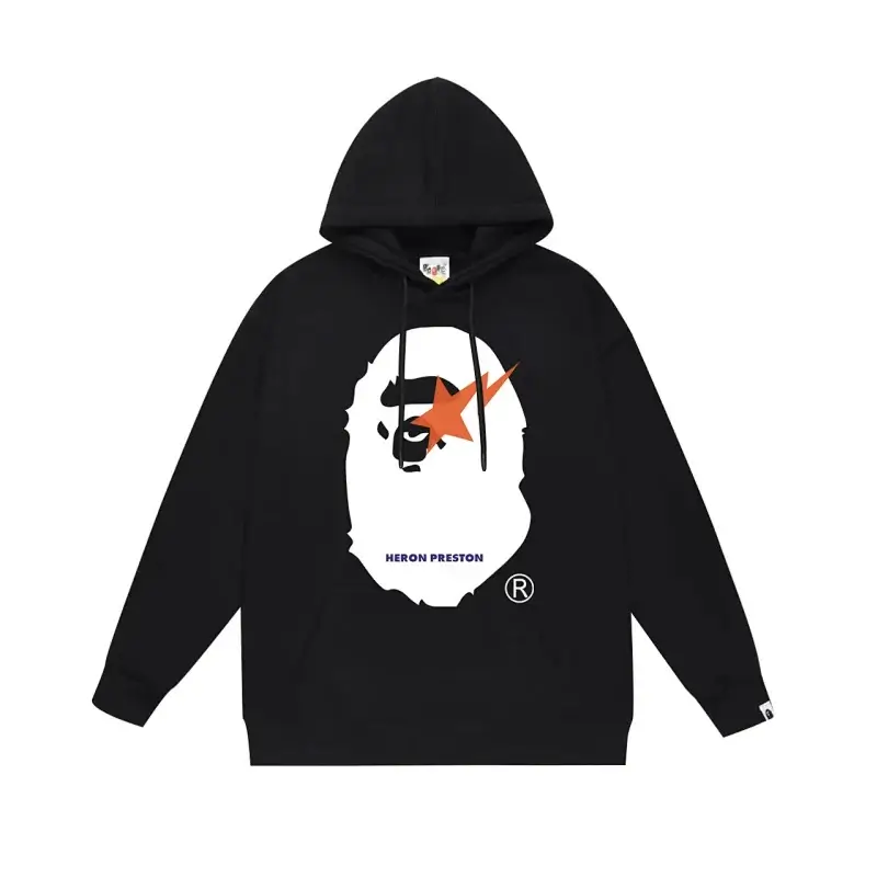 BAPE x Heron Preston Black Hoodie with Ape Head, Orange Star & Heron Preston Text