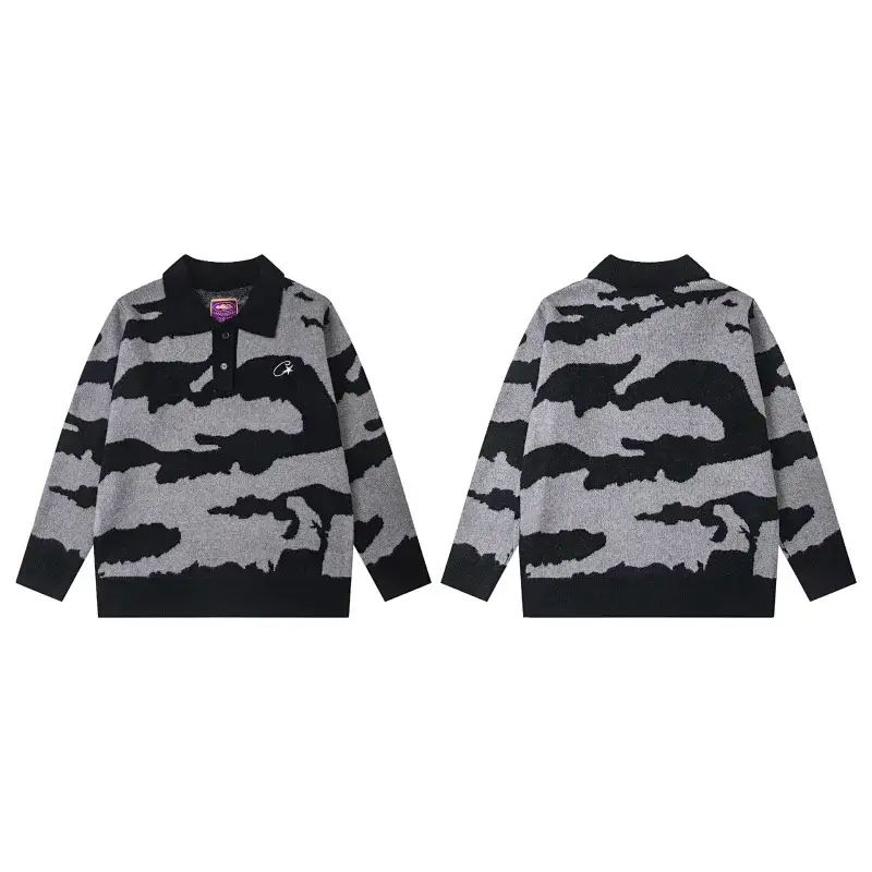 GRAF Black and Gray Camouflage Polo - Collar Long - Sleeve Knitted Sweater