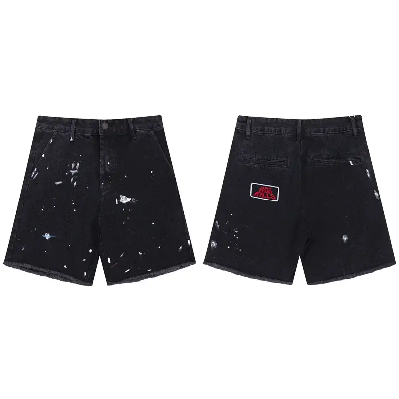 PALM MILLS Black Paint - Splattered Frayed - Hem Denim Shorts