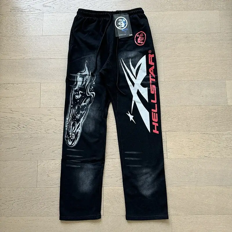 HELLSTAR Black Graphic - Printed Distressed Sweatpants