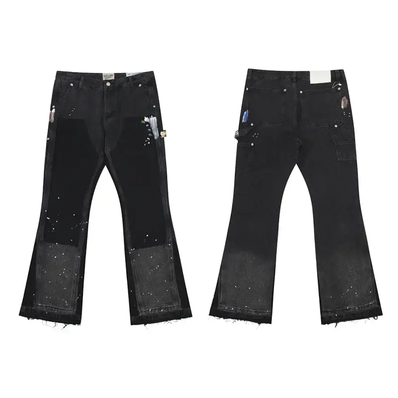 BRAND Black Patchwork Paint Splatter Flared Jeans with Frayed Hem & Utility Pockets