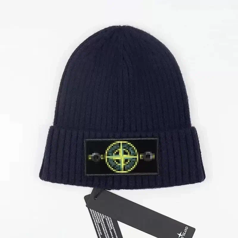 Stone Island Navy Knit Beanie with Pixelated Compass Patch