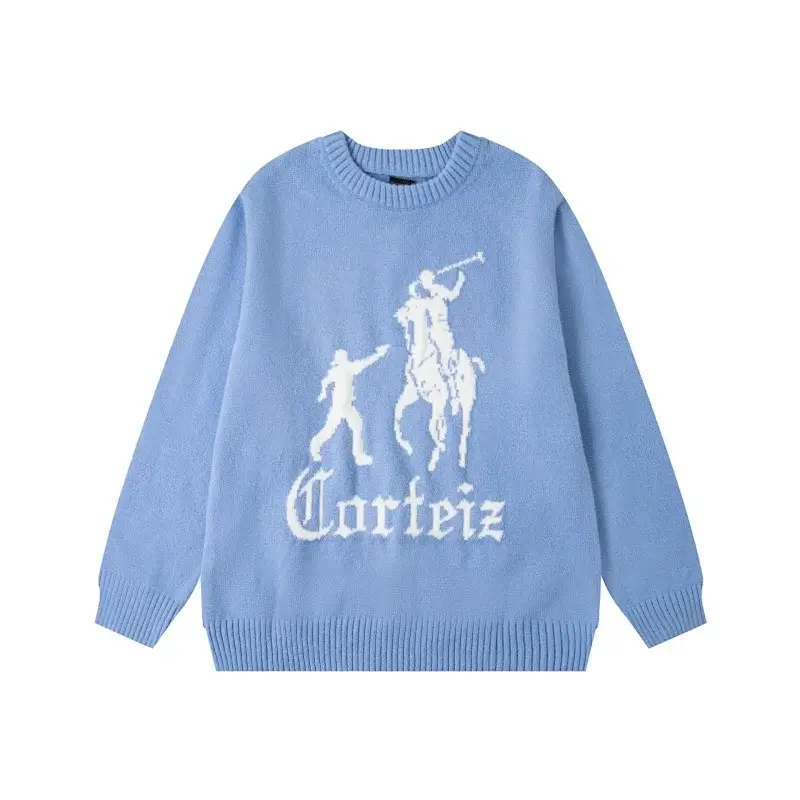 Corteiz Light Blue Crewneck Sweater with Polo Player & Figure Graphic