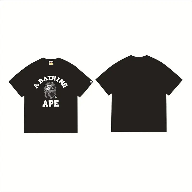A BATHING APE Black Short - Sleeve T - Shirt with "A BATHING APE" Text & Camouflage Ape Head