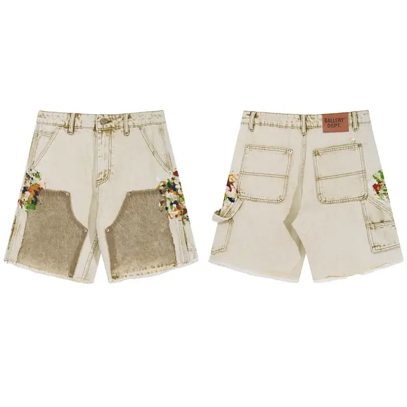 GALLERY DEPT. Beige Denim Shorts with Patch, Paint - Splatter Floral Design, Multi - Pockets & Frayed Hem
