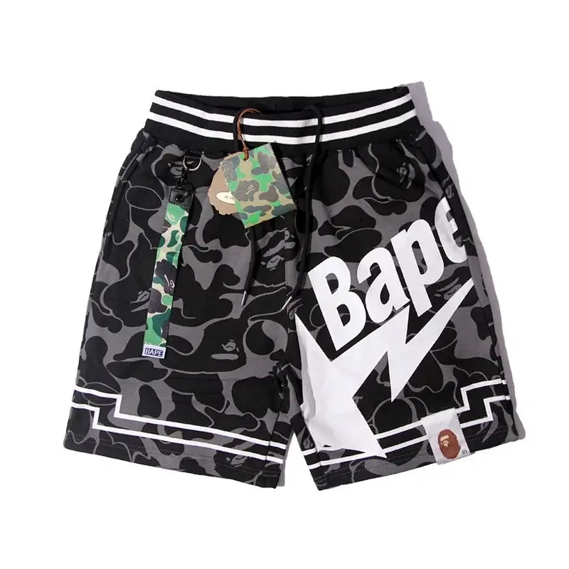 Bape Black & Gray Camouflage Shorts with White Logo, Lightning Star & Striped Details