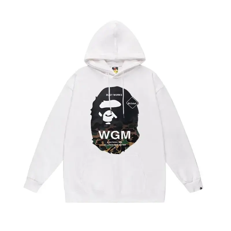 A BATHING APE White Hoodie with Camo Ape Head & WGM Print