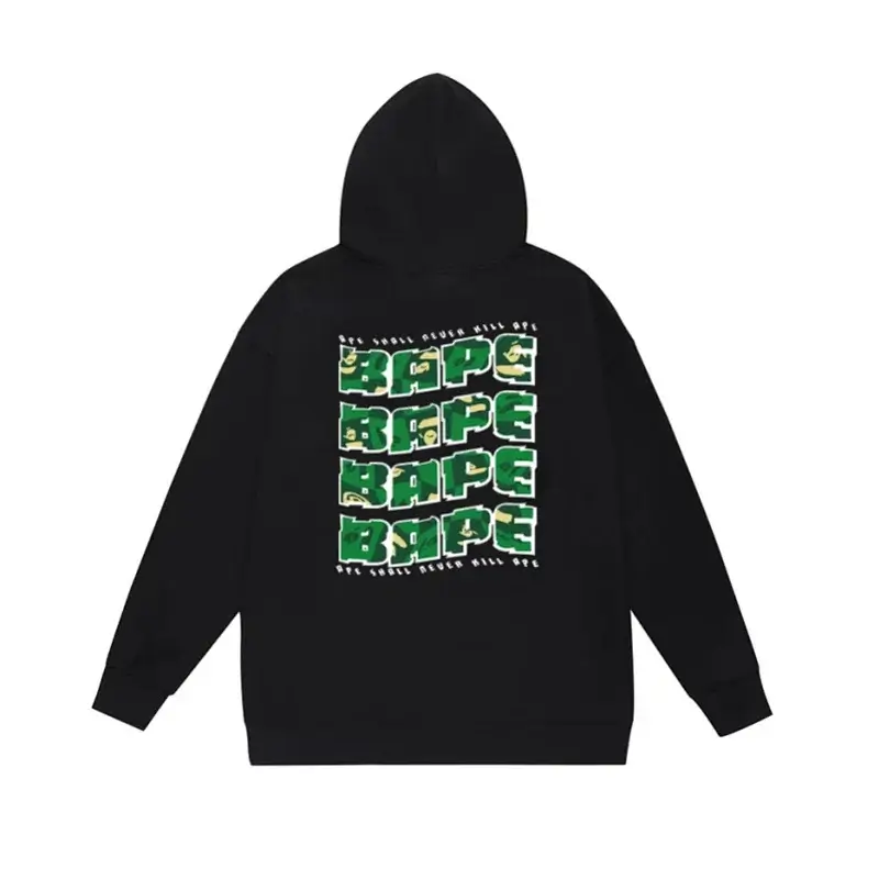 BAPE Black Hoodie with Repeated Green Camouflage BAPE Logo & "WE SHALL NEVER KILL OFF" Text on Back