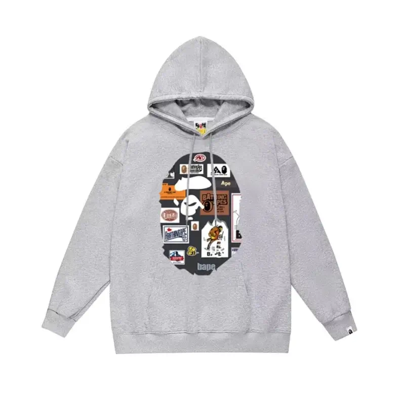 Bape Gray Hoodie with Ape Head Sticker Collage Design