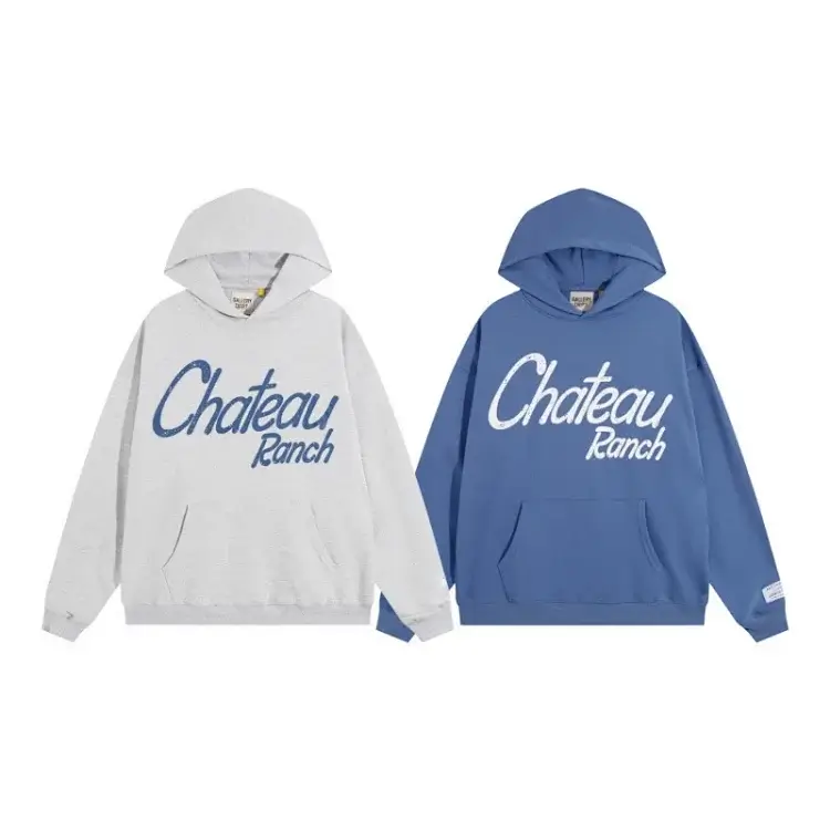Chateau Ranch Light Gray & Blue Hooded Sweatshirts with Pocket & "Chateau Ranch" Print