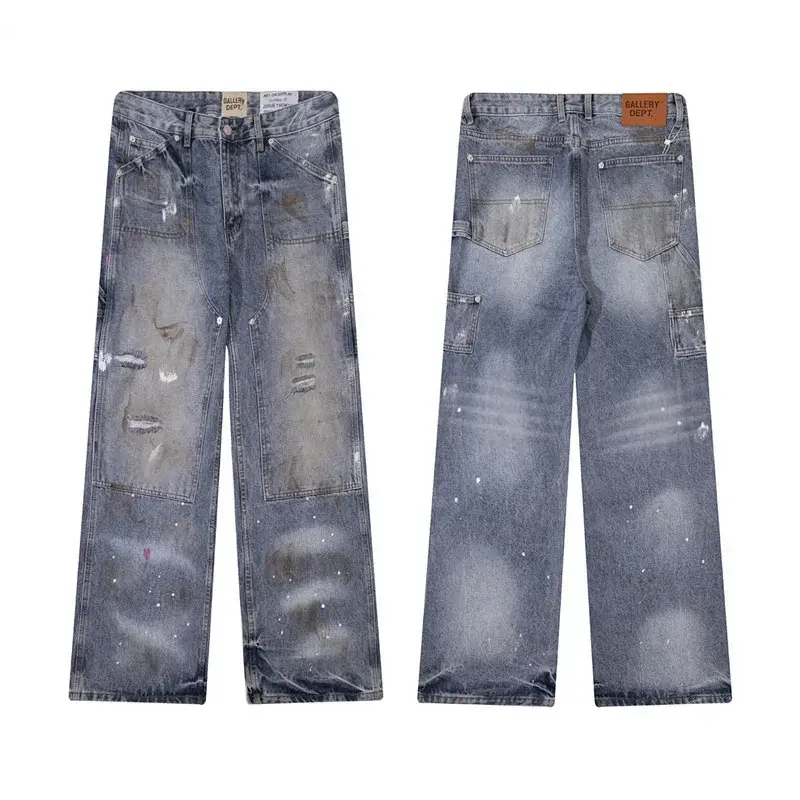 GALLERY DEPT. Blue Distressed Paint - Splattered Multi - Pocket Loose Straight Jeans