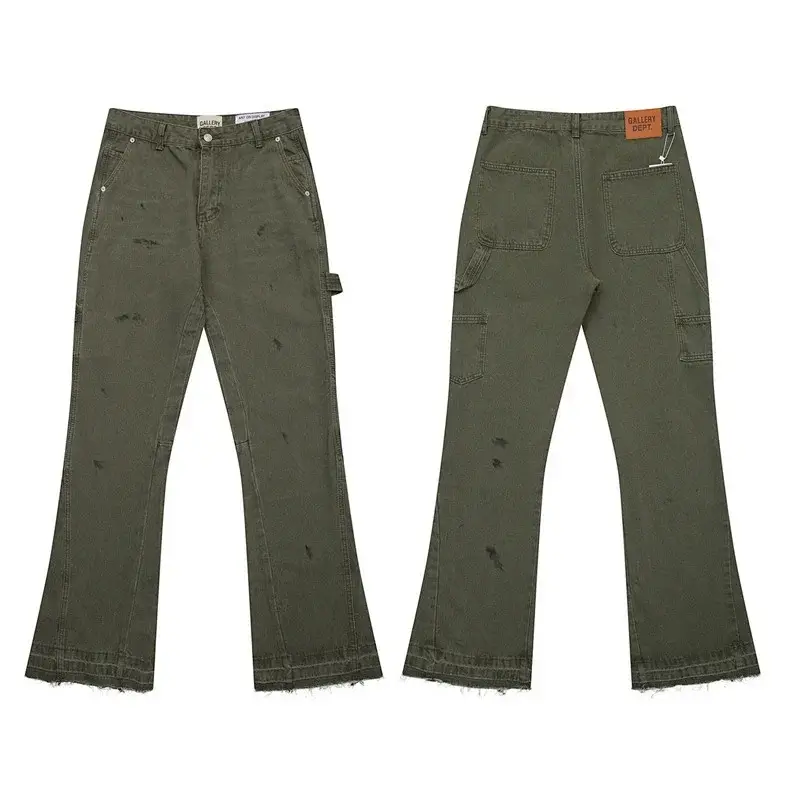 GALLERY DEPT. Olive Green Distressed Flared Cargo Jeans with Multiple Pockets & Frayed Hem