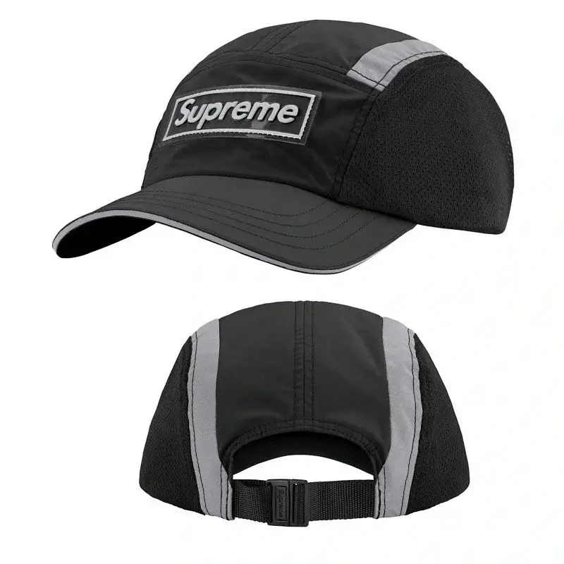 Supreme Black 5-Panel Cap with Mesh & Reflective Stripes