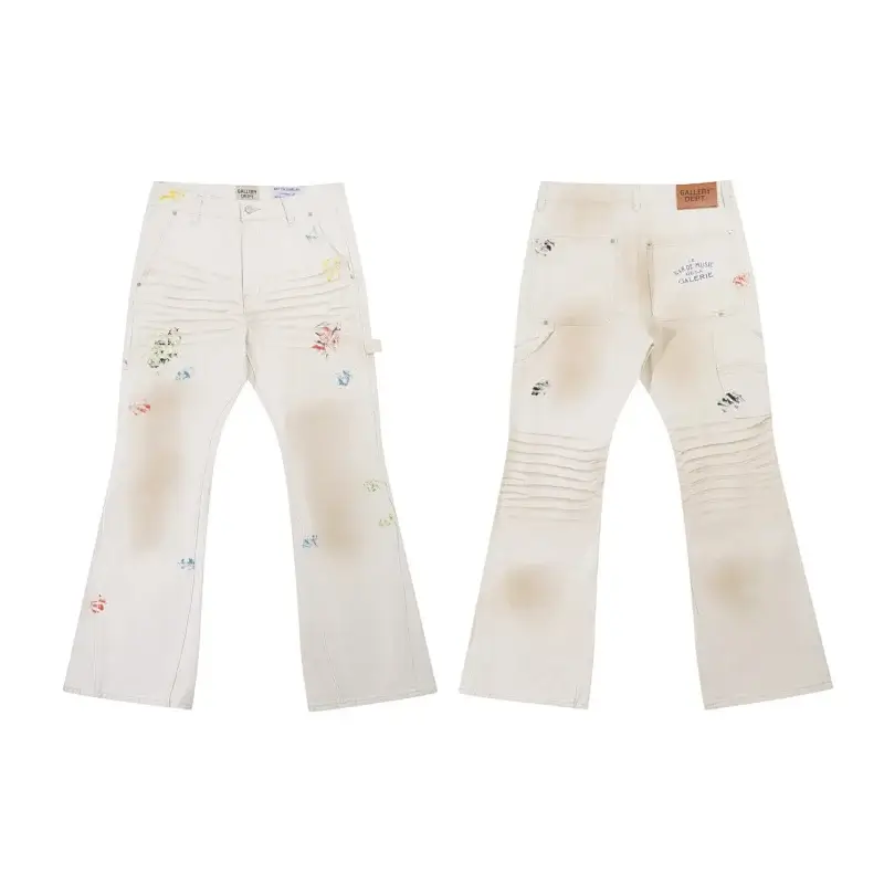 Gallery Dept White Distressed Flared Jeans with Colorful Paint Prints & Pleated Knee Details