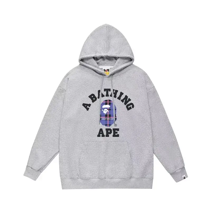 A BATHING APE Gray Hoodie with Plaid Ape Head & Logo Prints