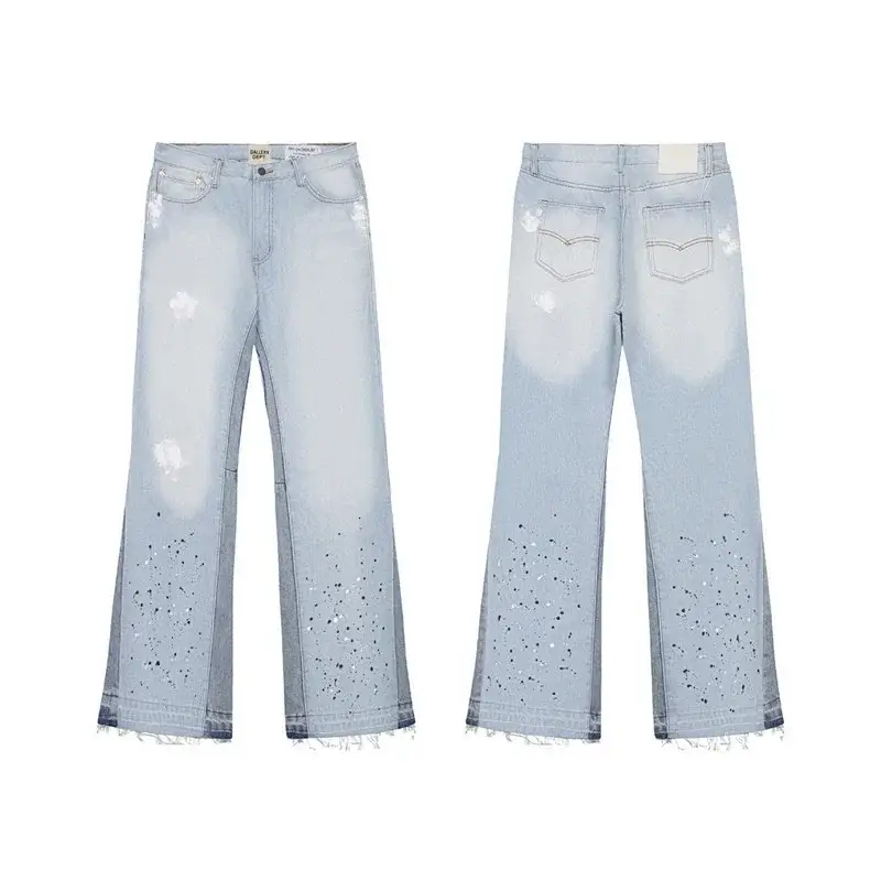 JeansBrand Light Blue Distressed Paint-Splattered Flared Jeans with Fringed Hem