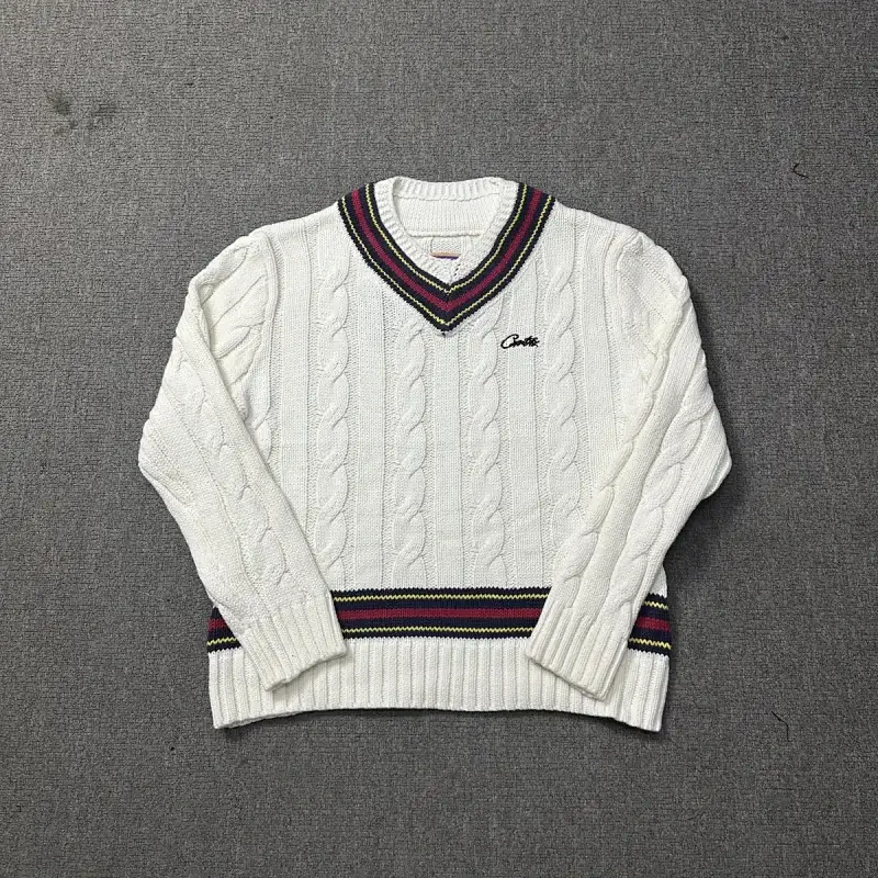 Corteiz White Cable - Knit V - Neck Sweater with Striped Trim