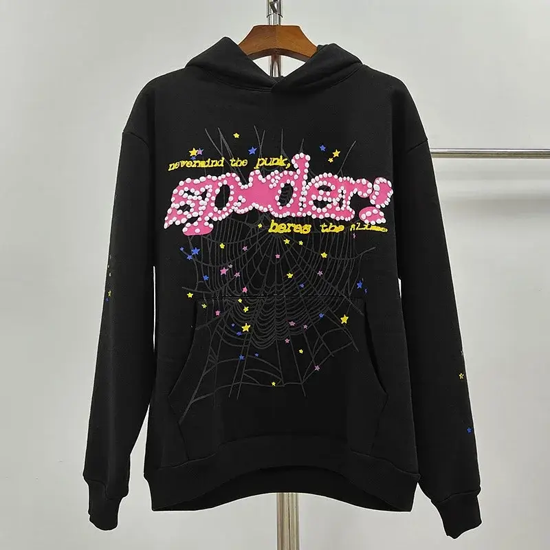 Spider Black Hoodie with Spider Web, Colorful Stars & Pink Dotted "Spider" Lettering