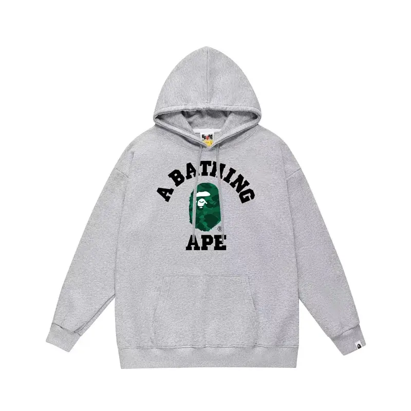 A BATHING APE Gray Hoodie with Camo Ape Head & Logo Print