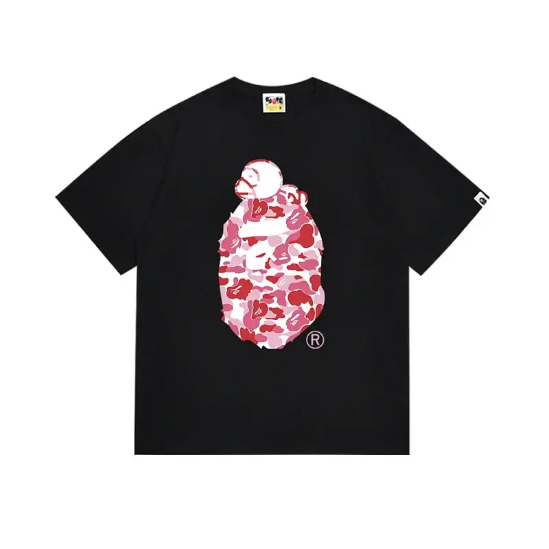 BAPE Black T - Shirt with Pink Camouflage Ape Graphic