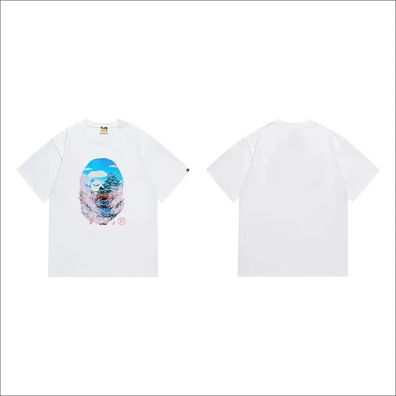 BAPE White T - Shirt with Cherry Blossom, Castle & Ape Head Graphic