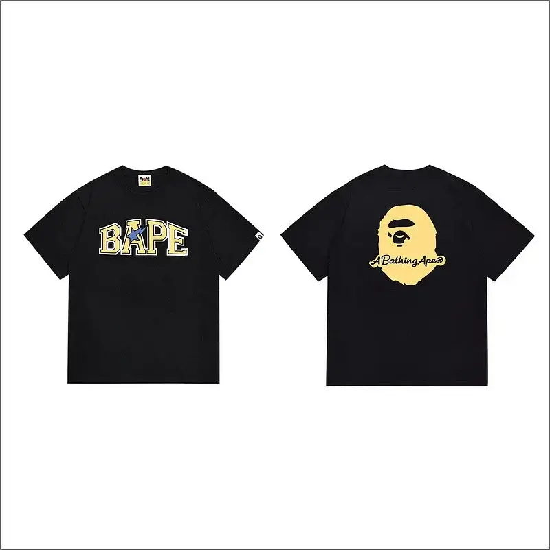 BAPE Black Short - Sleeve T - Shirt with Front BAPE Letter & Blue Star, Back Yellow Ape Head & "A Bathing Ape"