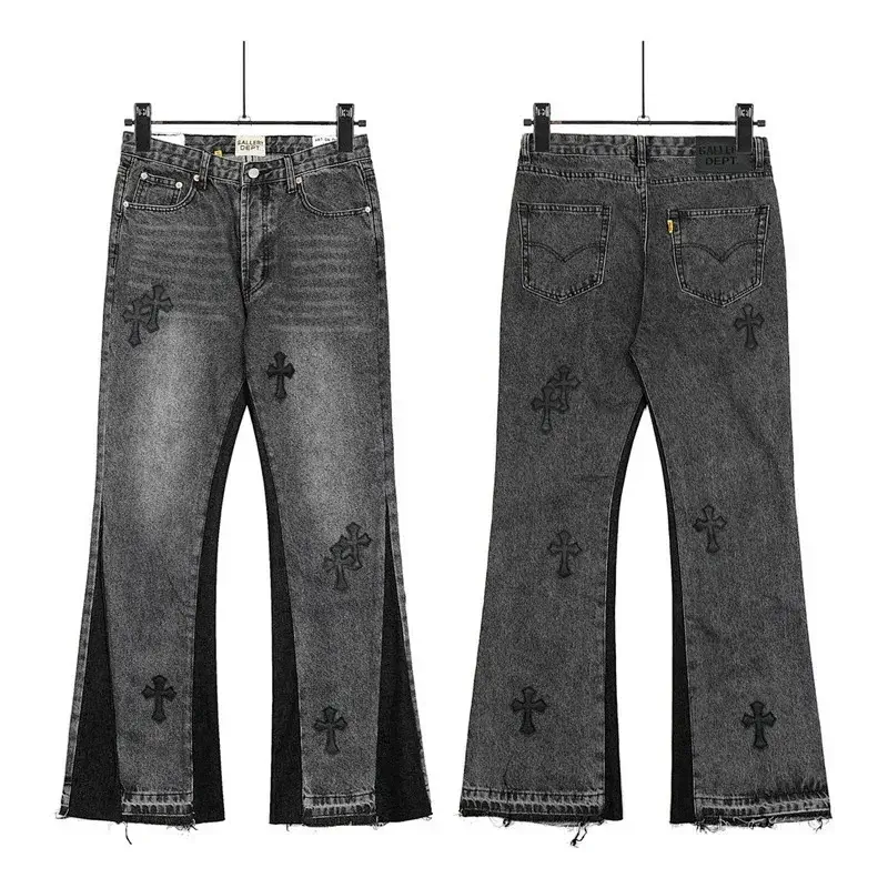 GALLERY DEPT Dark Gray Cross - Embroidered Paneled Flared Jeans with Fringed Hem
