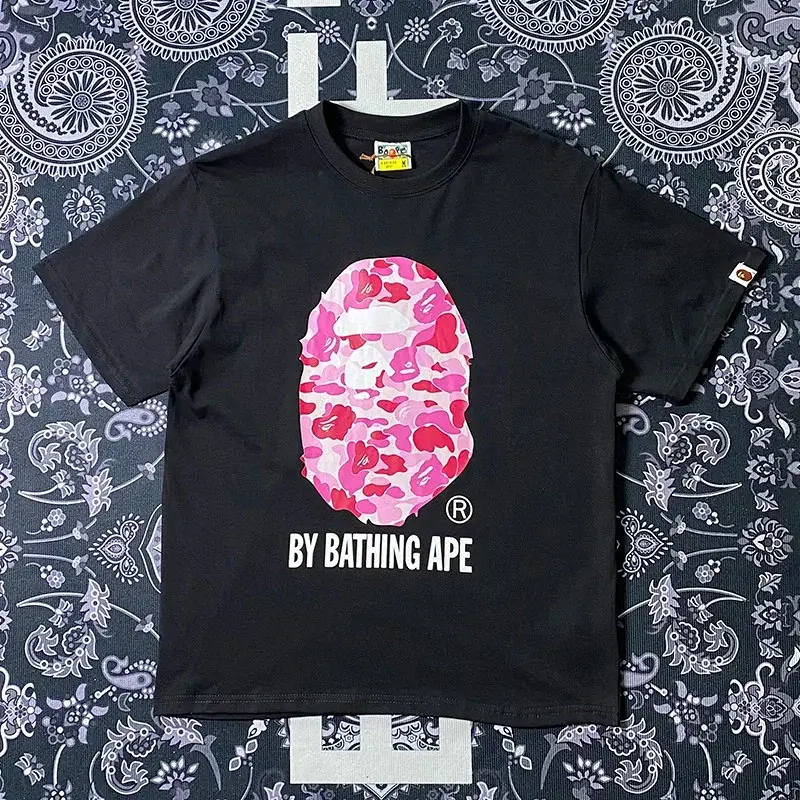 BAPE Black T - Shirt with Pink Camo Ape Head & "BY BATHING APE" Print