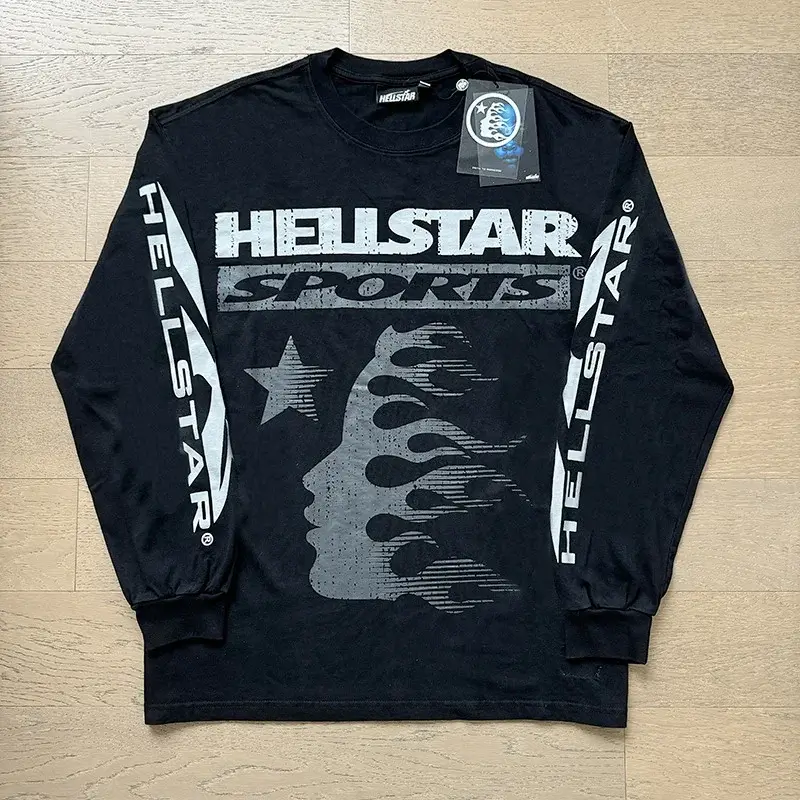 HELLSTAR Black Long - Sleeve T - Shirt with Sports & Face - Flame Graphic