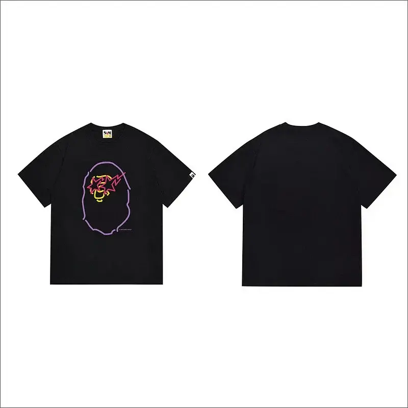 BAPE Black Short - Sleeve T - Shirt with Front Ape Head, Stars & Lightning Graphic