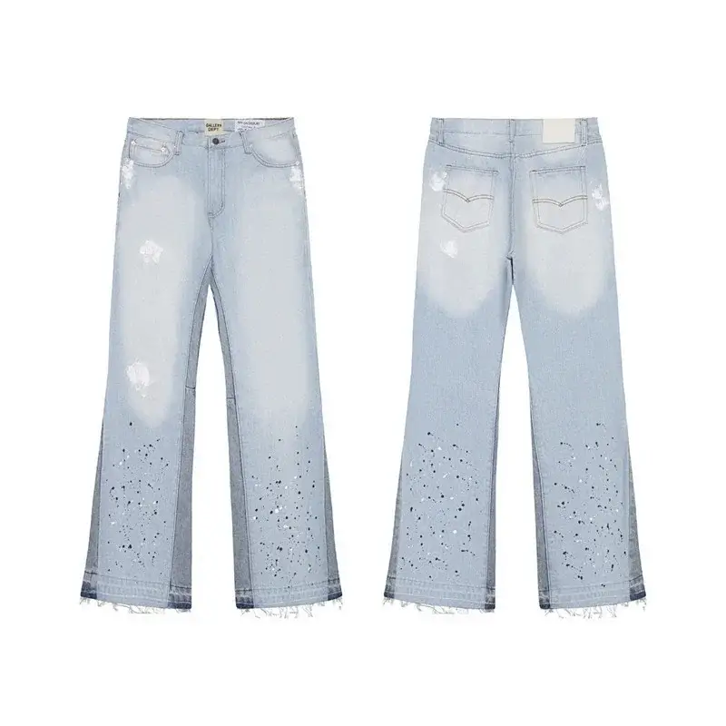CHUU Light Blue Distressed Paint - Splatter Flared Jeans with Frayed Hem & Paneled Design